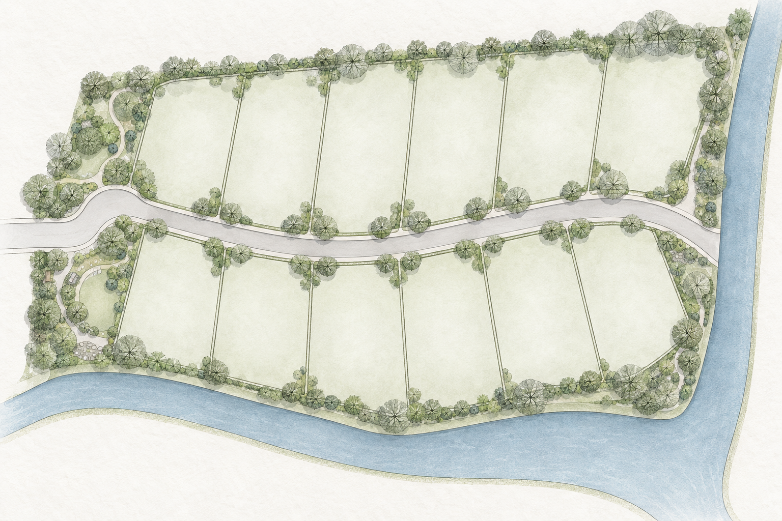 Architectural master plan with landscaped land plots, access road, trees and a canal